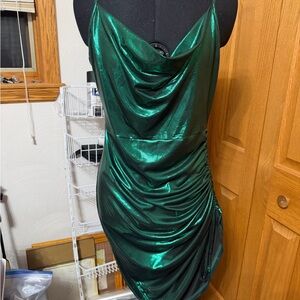 Shimmering Cowl-Neck Midi Dress in Emerald Green